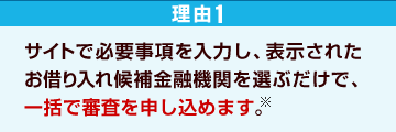 理由1 サイトで必須事項を入力し、表示されたお借り入れ候補金融機関を選ぶだけで、一括で審査を申し込めます。※