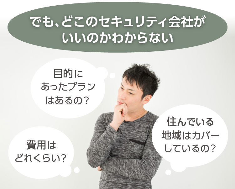 でも、どこのセキュリティ会社がいいのかわからない。目的にあったプランはあるの？費用はどれくらい？住んでいる地域はカバーしているの？