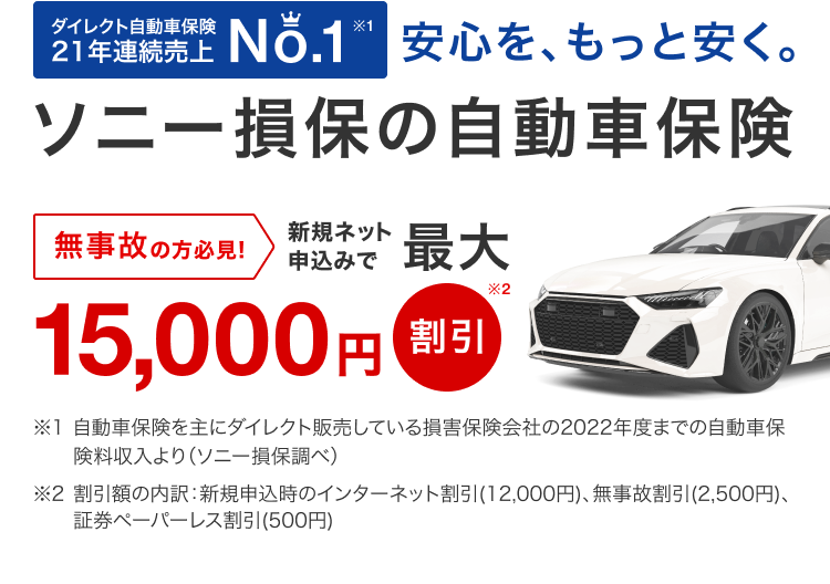 安心をもっと安くソニー損保の自動車保険　無事故の方必見 新規ネット申込みで最大15,000円割引