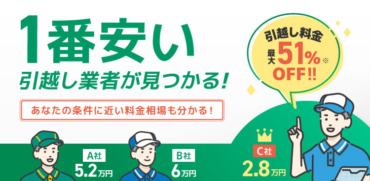 1番安い引越し業者が見つかる!あなたの条件に近い料金相場も分かる! 引越し料金最大51%OFF!! A社5.2万 B社6万 C社2.8万